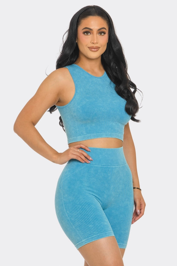 Two Piece Mineral Wash Cropped Tank Top and Biker Short Set