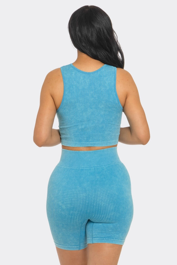 Two Piece Mineral Wash Cropped Tank Top and Biker Short Set