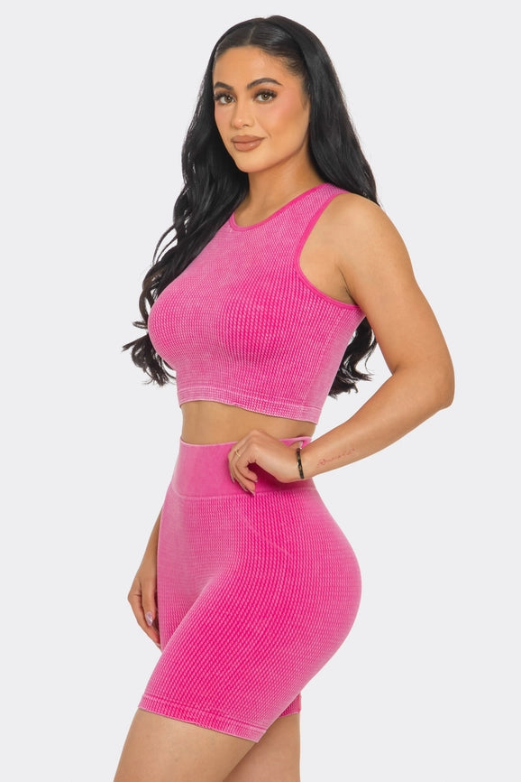 Two Piece Mineral Wash Cropped Tank Top and Biker Short Set