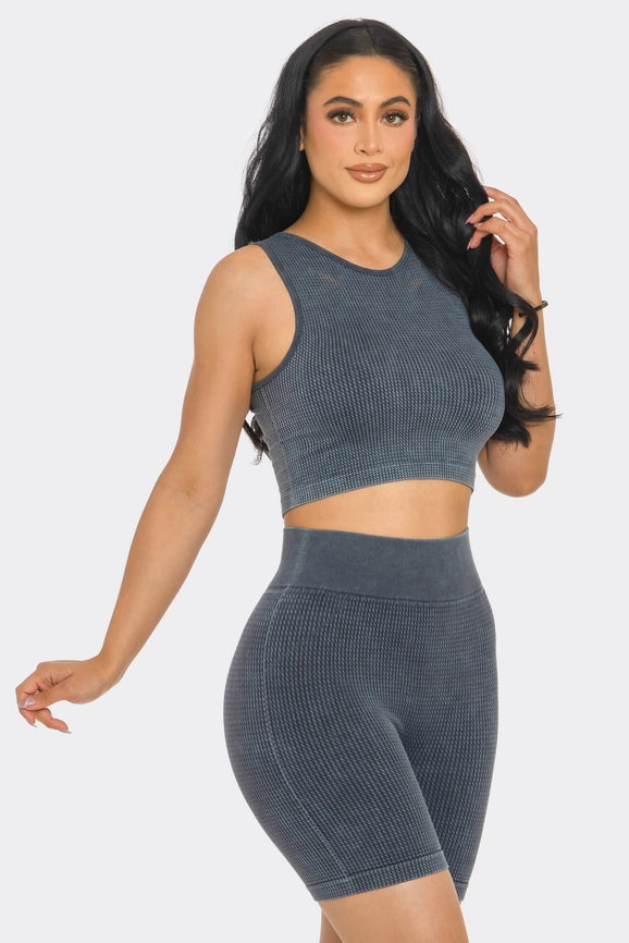 Two Piece Mineral Wash Cropped Tank Top and Biker Short Set