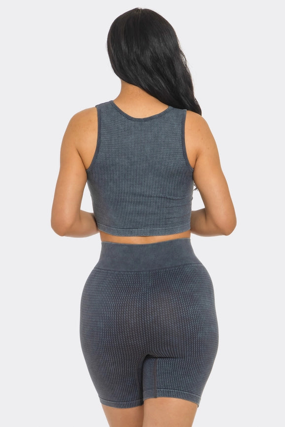 Two Piece Mineral Wash Cropped Tank Top and Biker Short Set