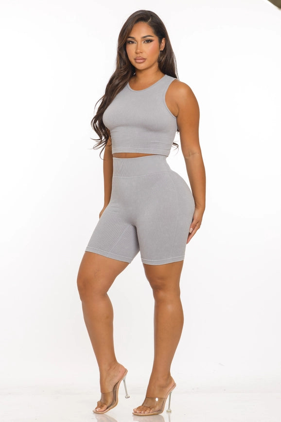 Two Piece Mineral Wash Cropped Tank Top and Biker Short Set