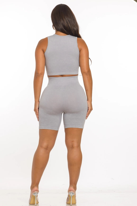 Two Piece Mineral Wash Cropped Tank Top and Biker Short Set