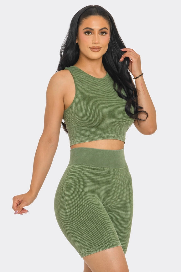 Two Piece Mineral Wash Cropped Tank Top and Biker Short Set