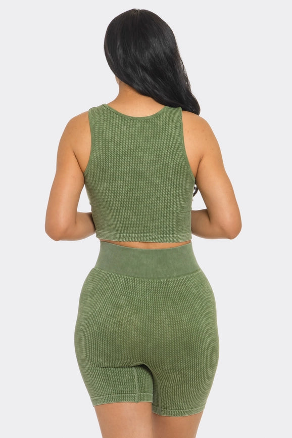 Two Piece Mineral Wash Cropped Tank Top and Biker Short Set