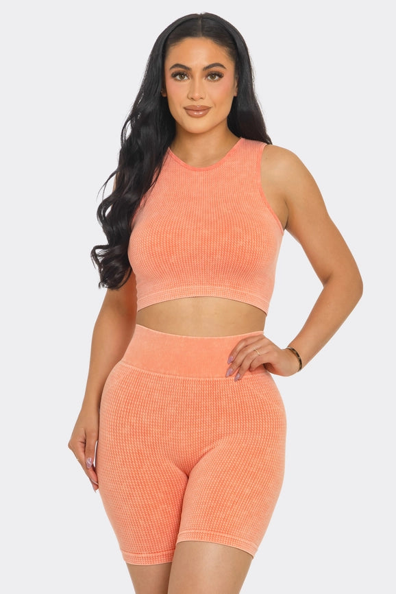 Two Piece Mineral Wash Cropped Tank Top and Biker Short Set