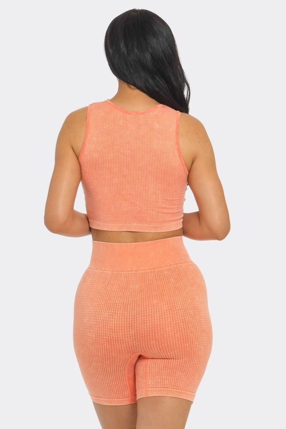Two Piece Mineral Wash Cropped Tank Top and Biker Short Set