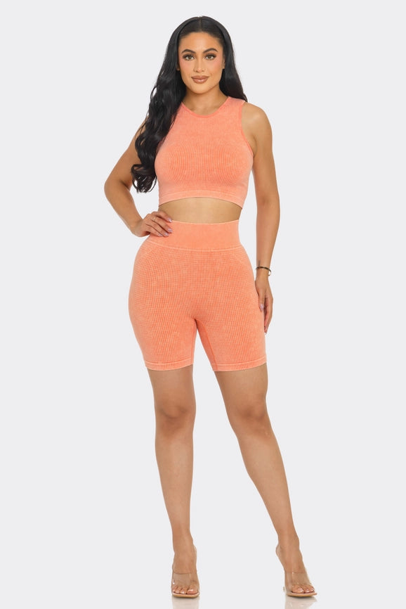 Two Piece Mineral Wash Cropped Tank Top and Biker Short Set