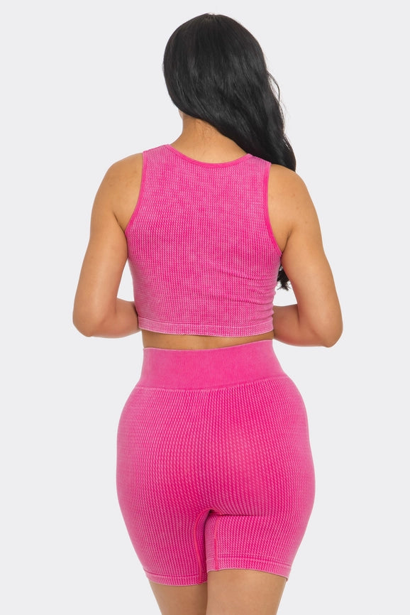 Two Piece Mineral Wash Cropped Tank Top and Biker Short Set