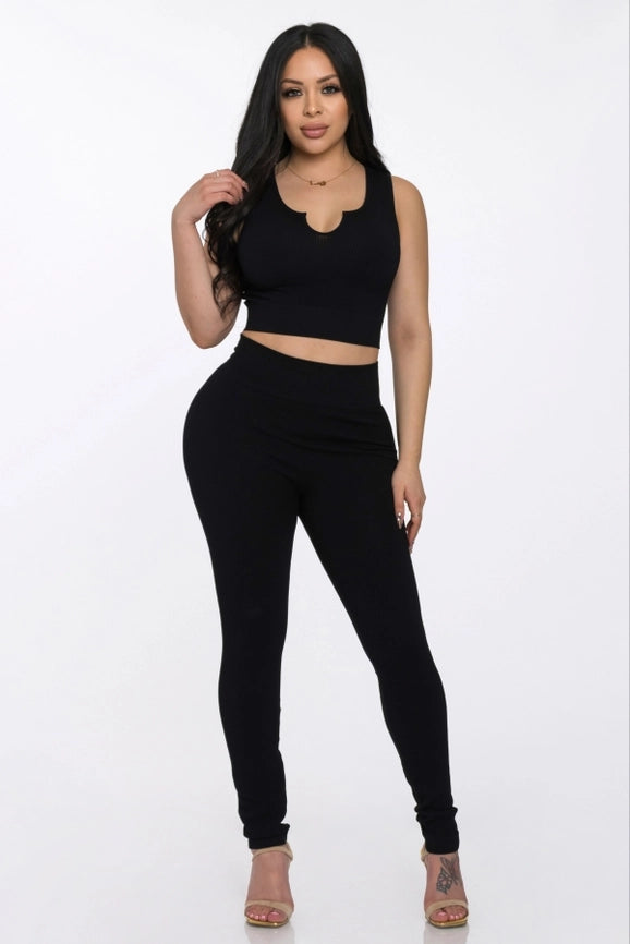 Two Piece Seamless Notch U Neckline Tank Top and Legging Set