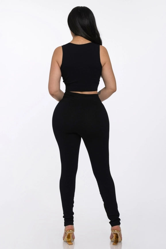 Two Piece Seamless Notch U Neckline Tank Top and Legging Set