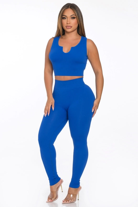 Two Piece Seamless Notch U Neckline Tank Top and Legging Set