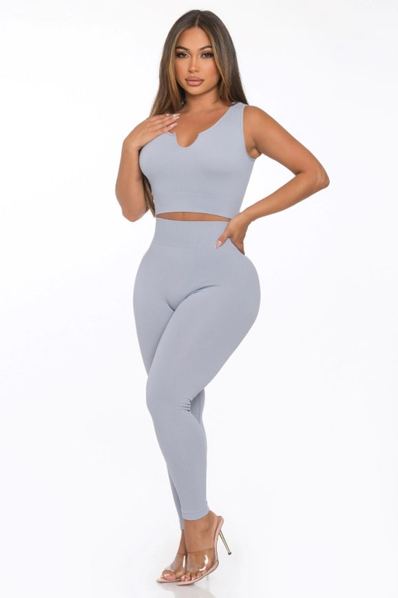 Two Piece Seamless Notch U Neckline Tank Top and Legging Set