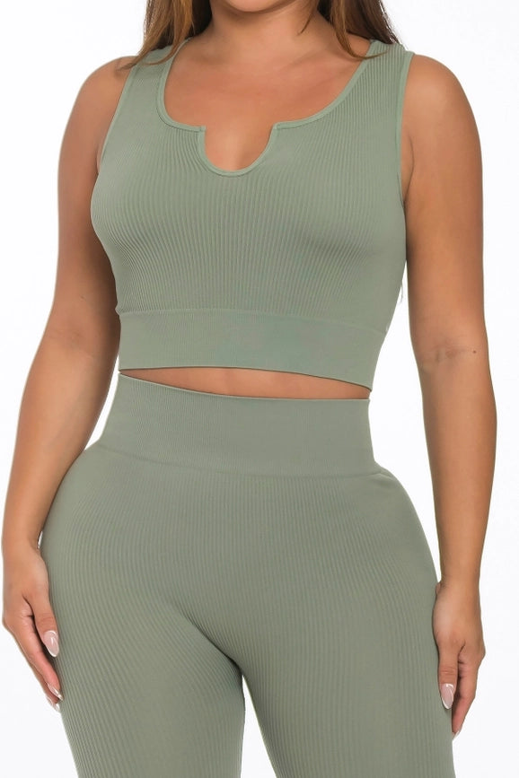 Two Piece Seamless Notch U Neckline Tank Top and Legging Set