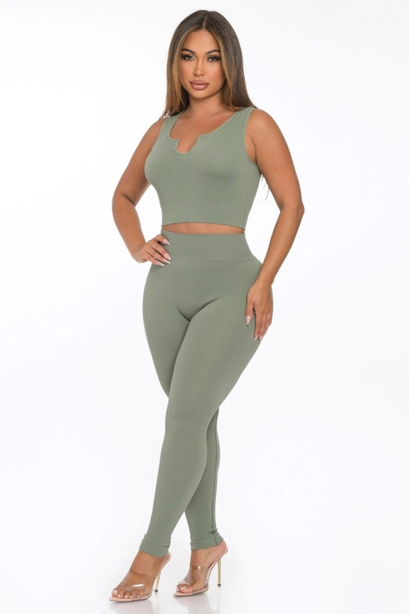 Two Piece Seamless Notch U Neckline Tank Top and Legging Set