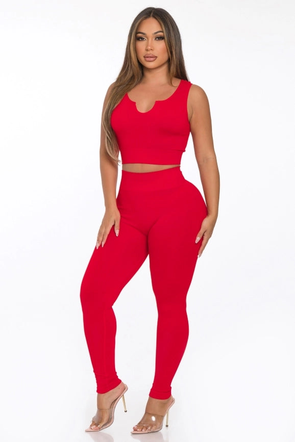 Two Piece Seamless Notch U Neckline Tank Top and Legging Set