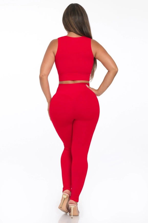 Two Piece Seamless Notch U Neckline Tank Top and Legging Set