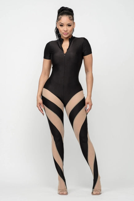 Bottom Contrast Mesh Color Block Footed Jumpsuit