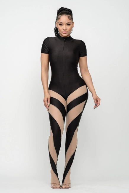 Bottom Contrast Mesh Color Block Footed Jumpsuit