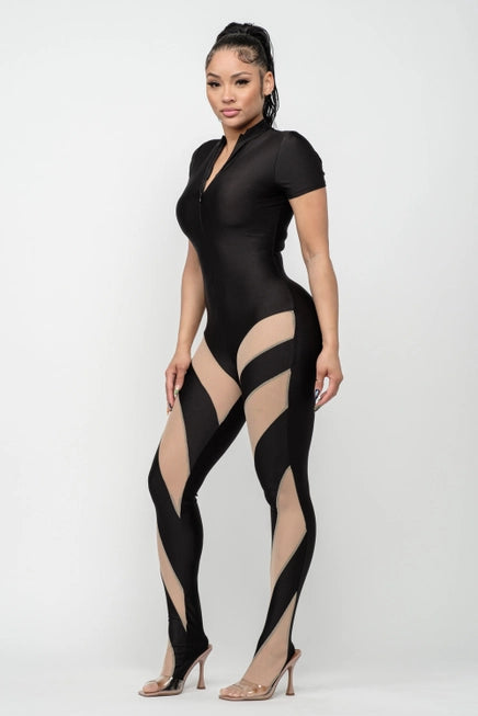 Bottom Contrast Mesh Color Block Footed Jumpsuit