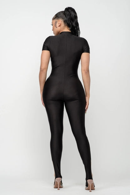 Bottom Contrast Mesh Color Block Footed Jumpsuit