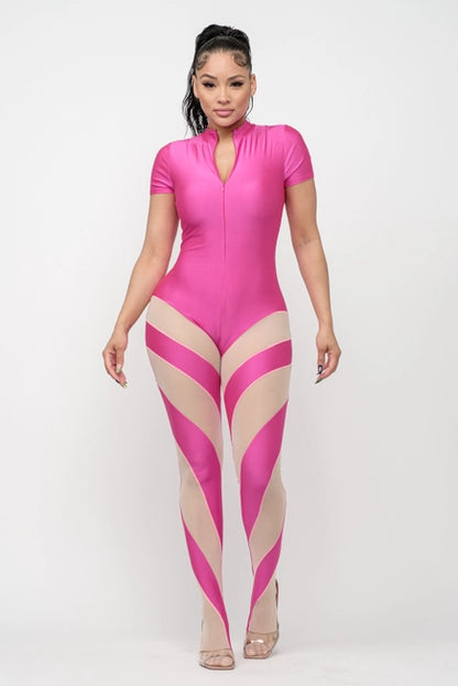 Bottom Contrast Mesh Color Block Footed Jumpsuit