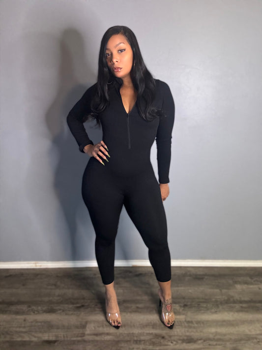 Seamless Ribbed Zipper Fitted Jumpsuit