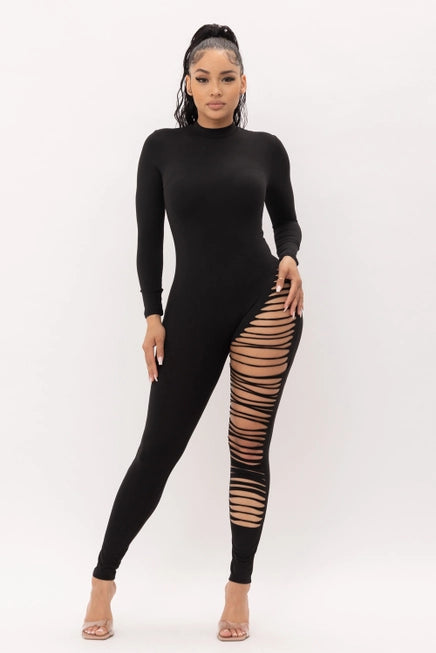 Mock Neck One Leg Laser Cut Long Sleeve Jumpsuit