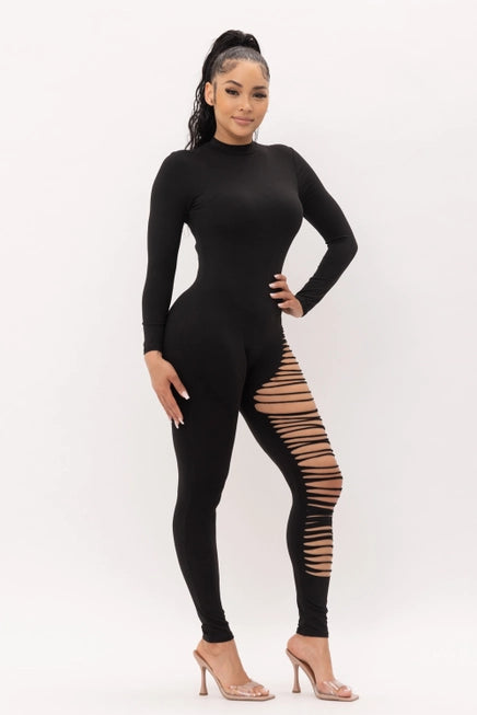 Mock Neck One Leg Laser Cut Long Sleeve Jumpsuit