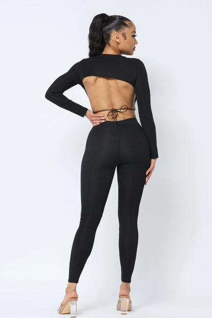 Open Back String Tie Crop Top Leggings Set