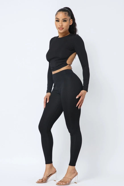 Open Back String Tie Crop Top Leggings Set