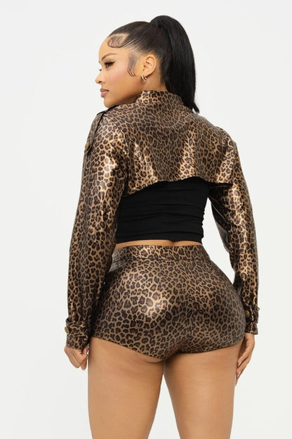 Pu Animal Print Long Sleeve Crop Top and Short Sets