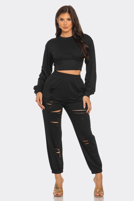 Round Neck Solid Top and Laser Cut Pants Set