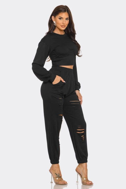 Round Neck Solid Top and Laser Cut Pants Set