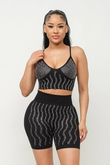 Seamless Front Pearls Studs Top and Shorts Set