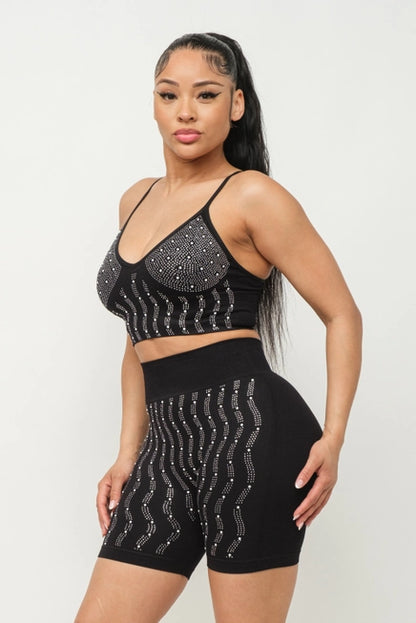 Seamless Front Pearls Studs Top and Shorts Set