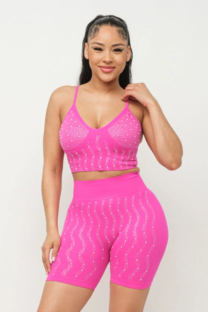 Seamless Front Pearls Studs Top and Shorts Set