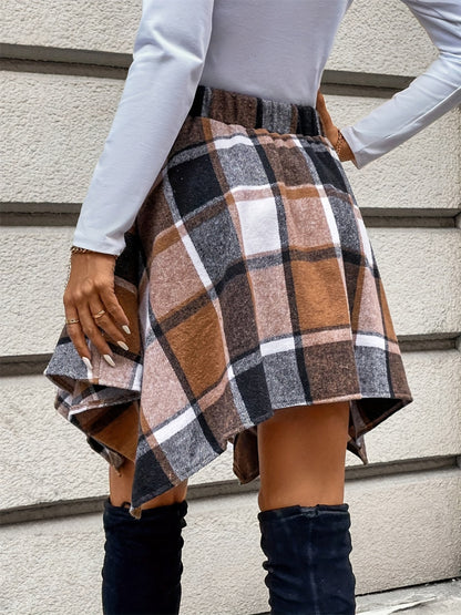 Tied Plaid Asymmetrical Hem Skirt