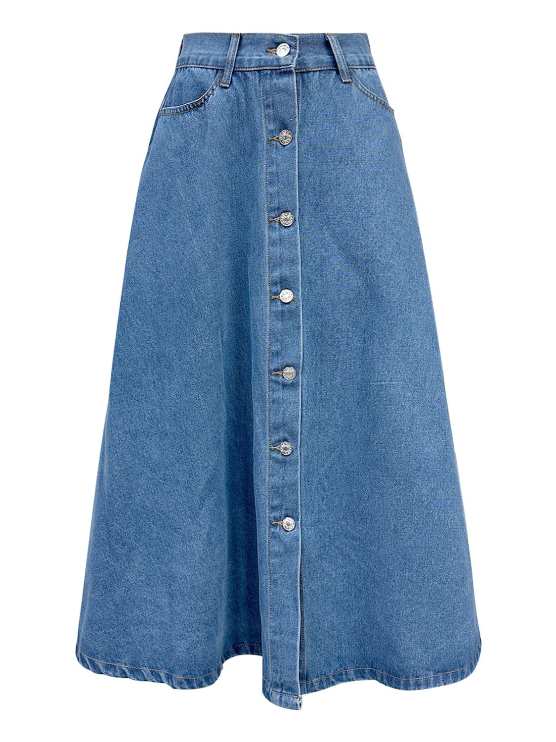 Buttoned Midi Denim Skirt with Pockets